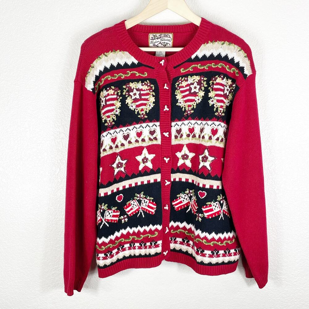 Vintage Women's Red White Blue Embroidered Grannycore Sweater Sz XL Americana
